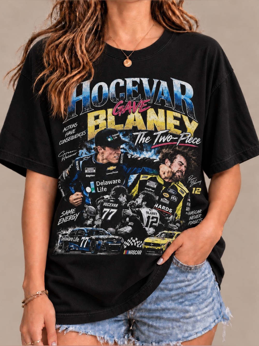 Black Gildan Hocevar Blaney Two Piece NASCAR Fight Edgy Womens Graphic Tee